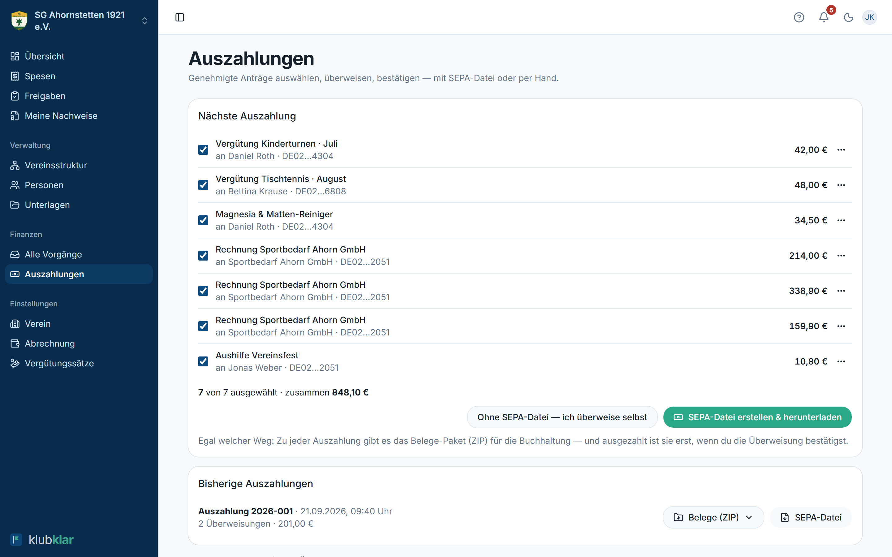Auszahlungen mit SEPA-Datei
