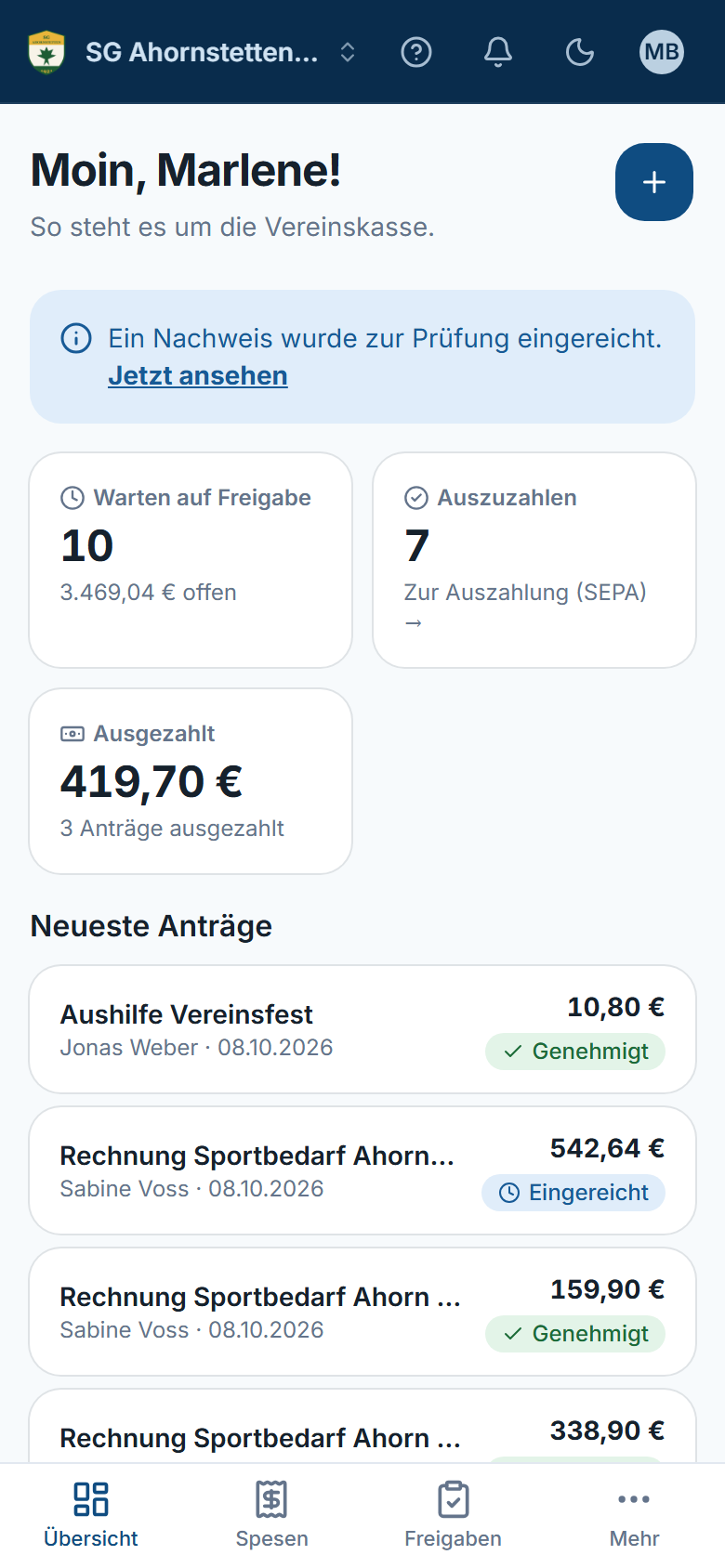 Klubklar Übersicht am Handy