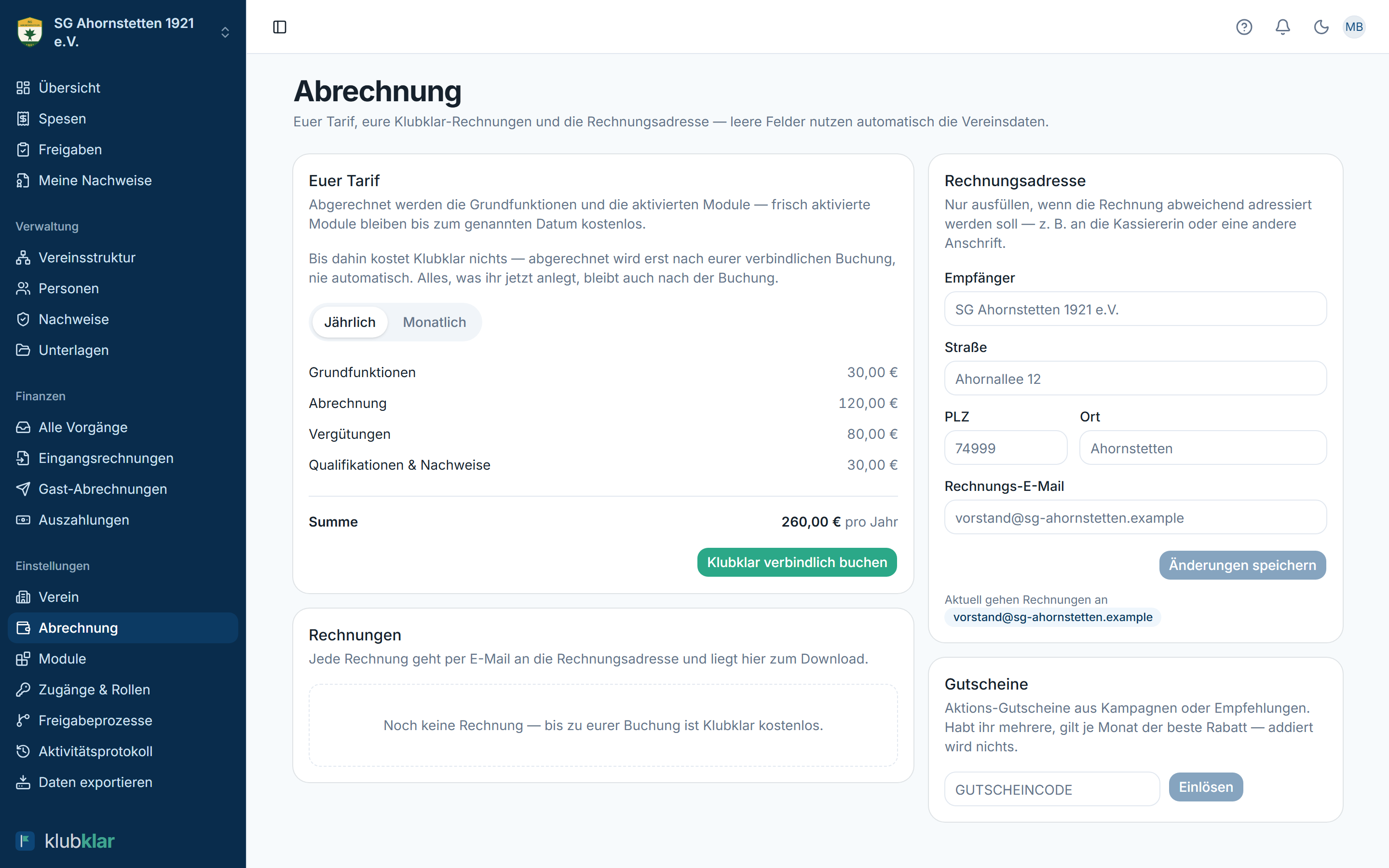 Abrechnungsseite mit Tarif-Karte, Rechnungen und Rechnungsadresse