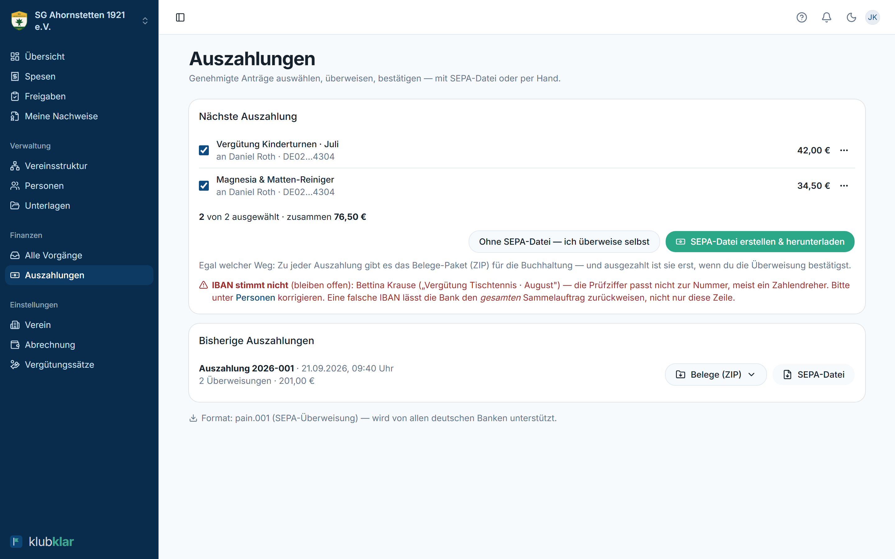 Auszahlungen mit Auswahl-Liste und SEPA-Download