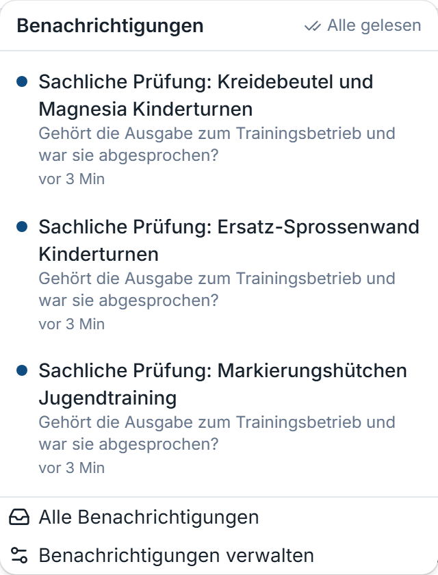 Aufgeklapptes Glocken-Menü mit zwei ungelesenen Freigabe-Anfragen
