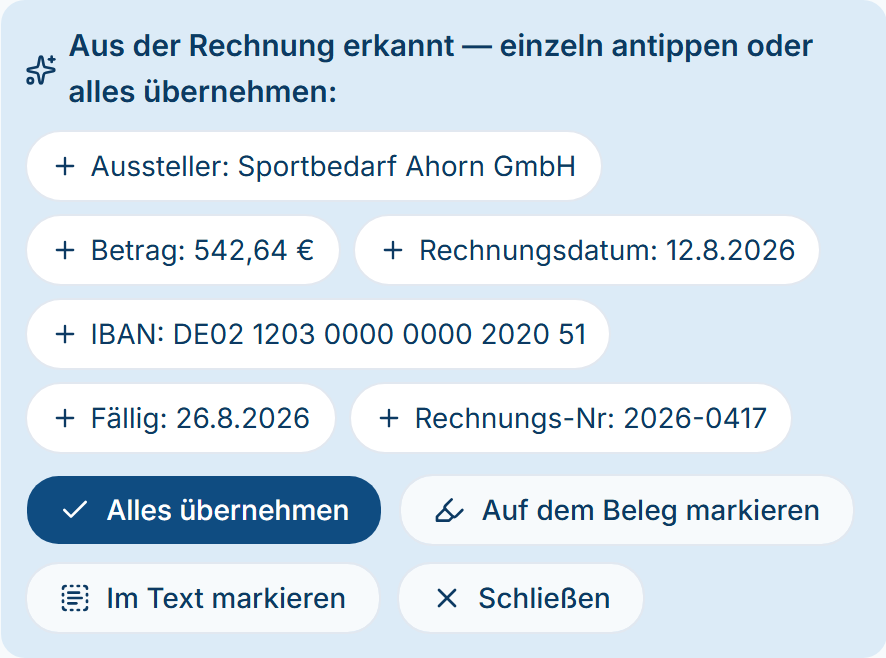 Vorschläge „Aus der Rechnung erkannt“ mit Aussteller, Betrag, IBAN und Fälligkeit