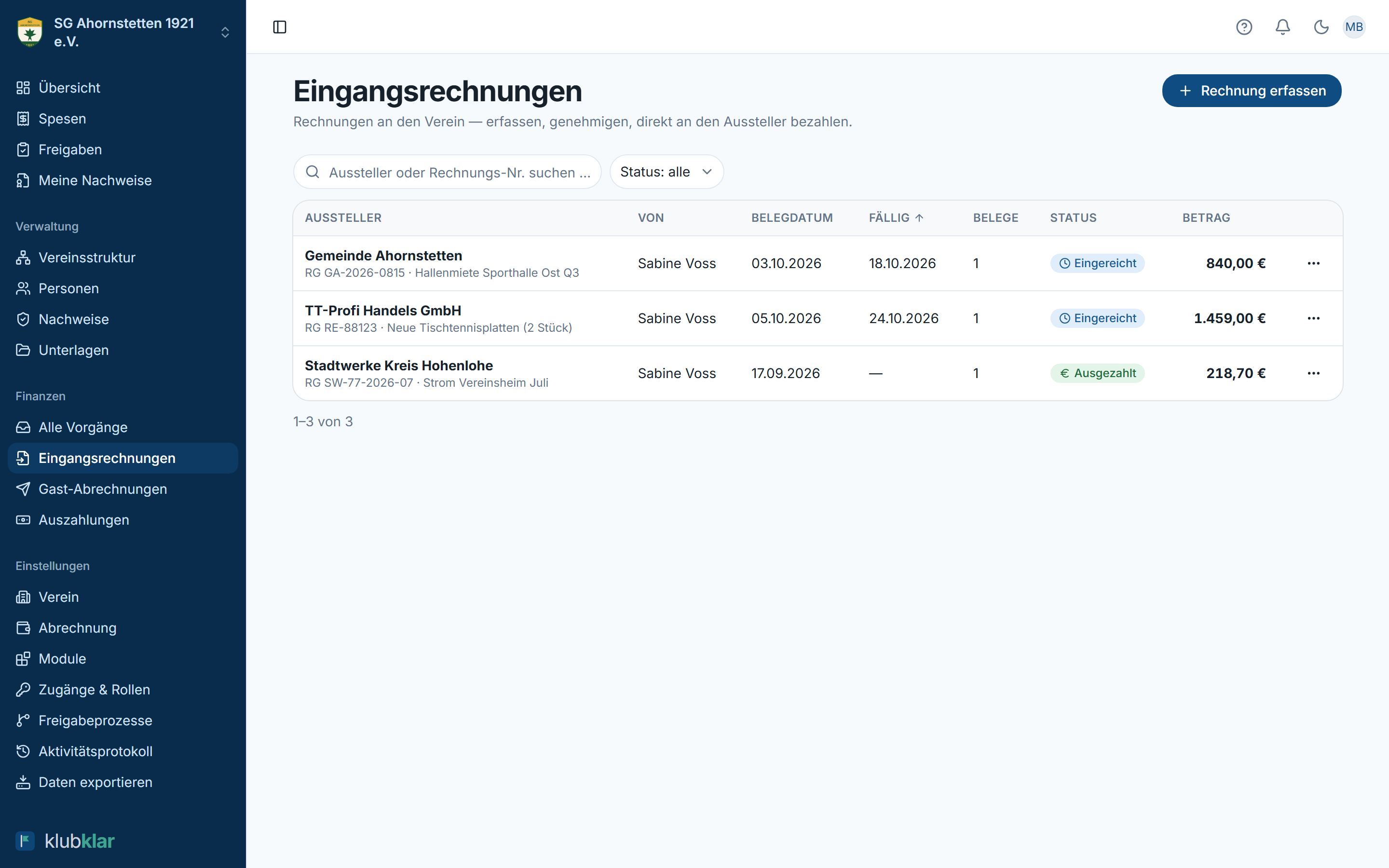 Eingangsrechnungen mit Status und Beträgen