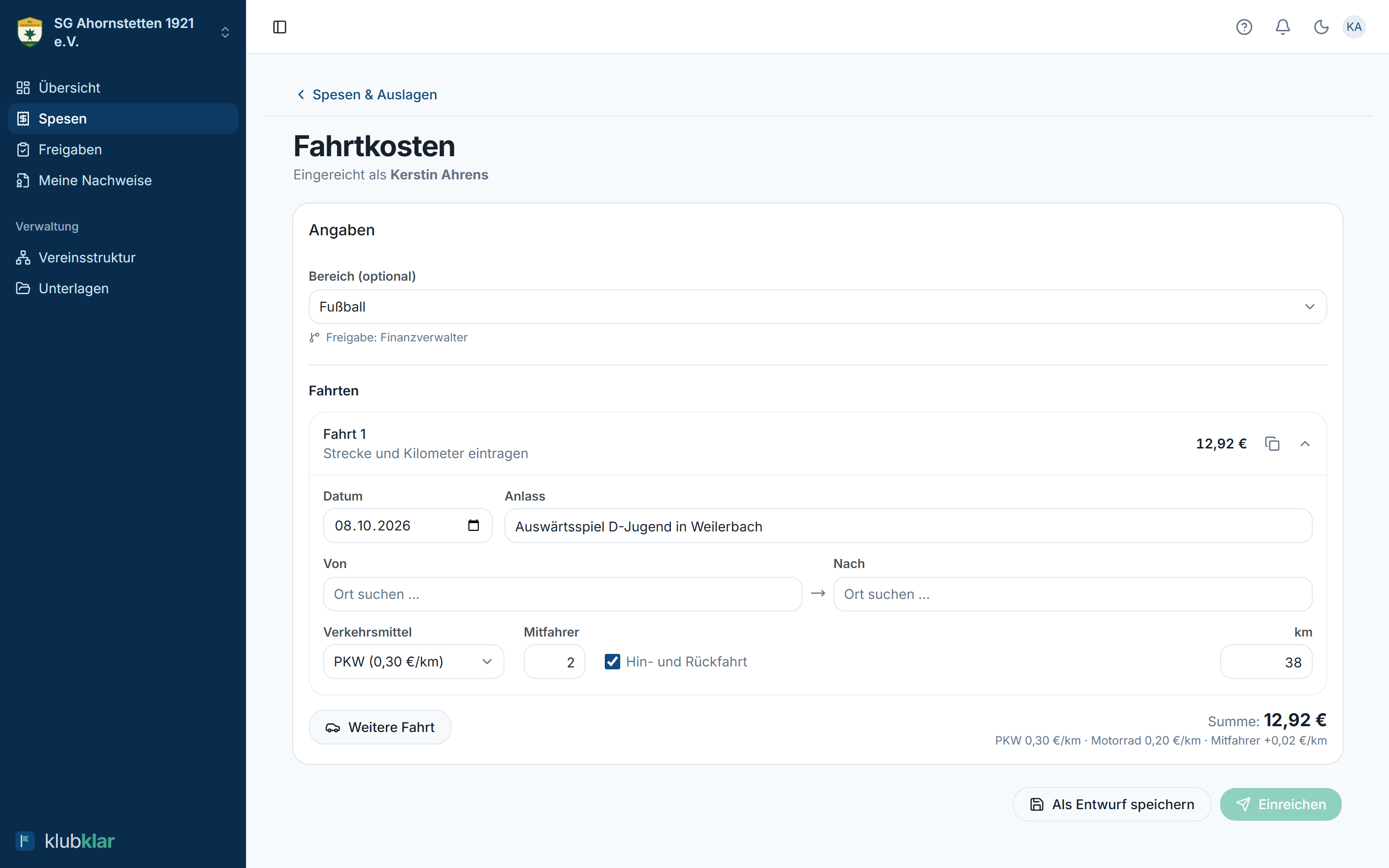 Fahrtkosten erfassen mit Anlass, Kilometern und Mitfahrern