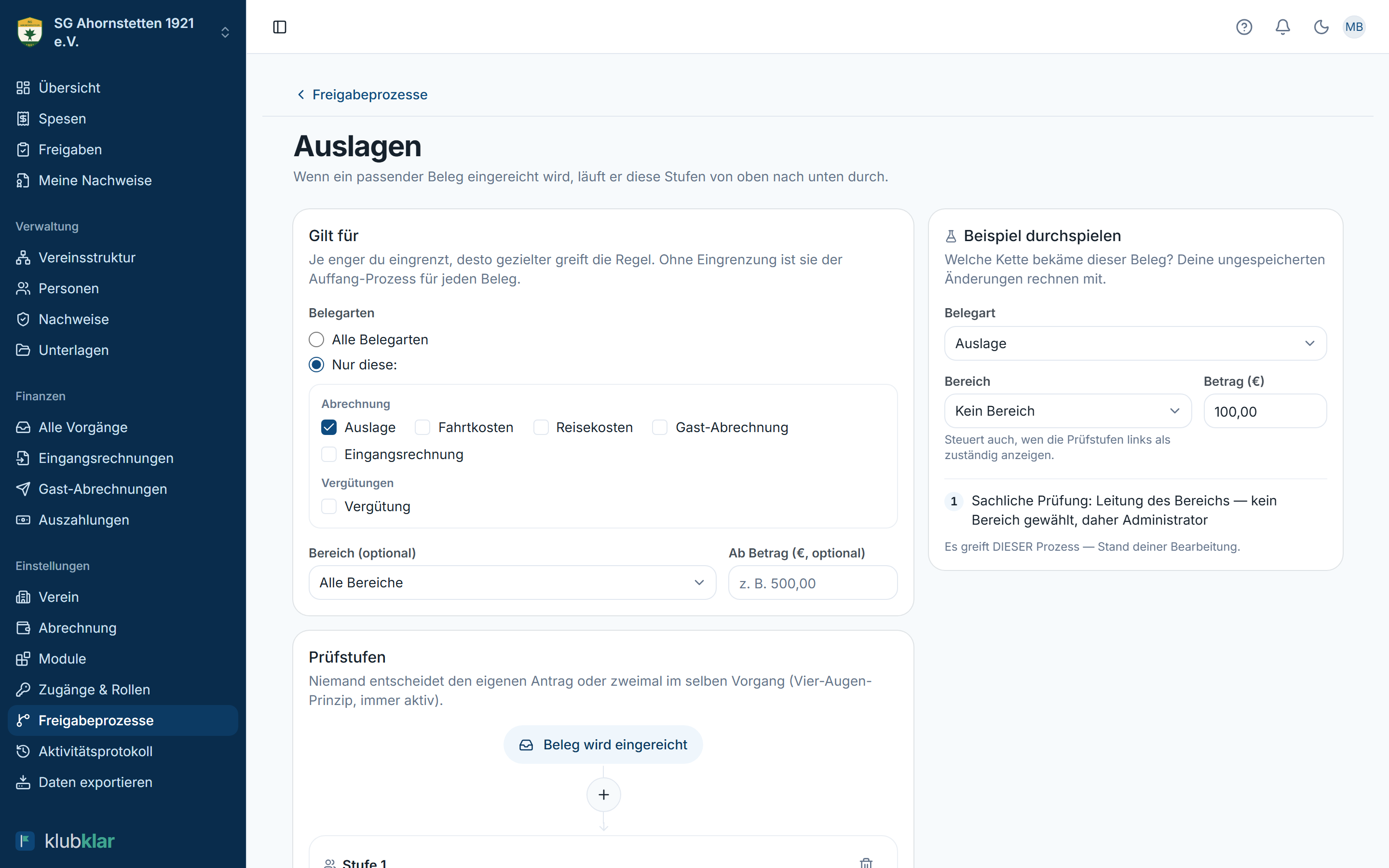 Editor eines Freigabeprozesses mit „Gilt für“, Prüfstufen und Beispiel