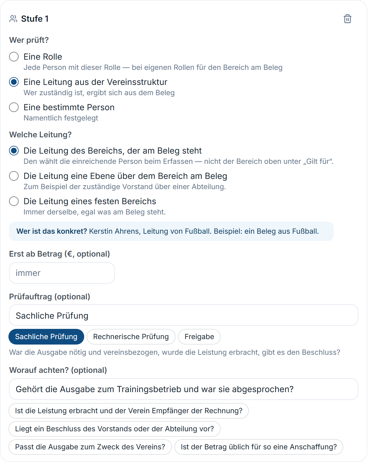 Prüfstufe mit „Eine Leitung aus der Vereinsstruktur“ und Antwort „Wer ist das konkret?“