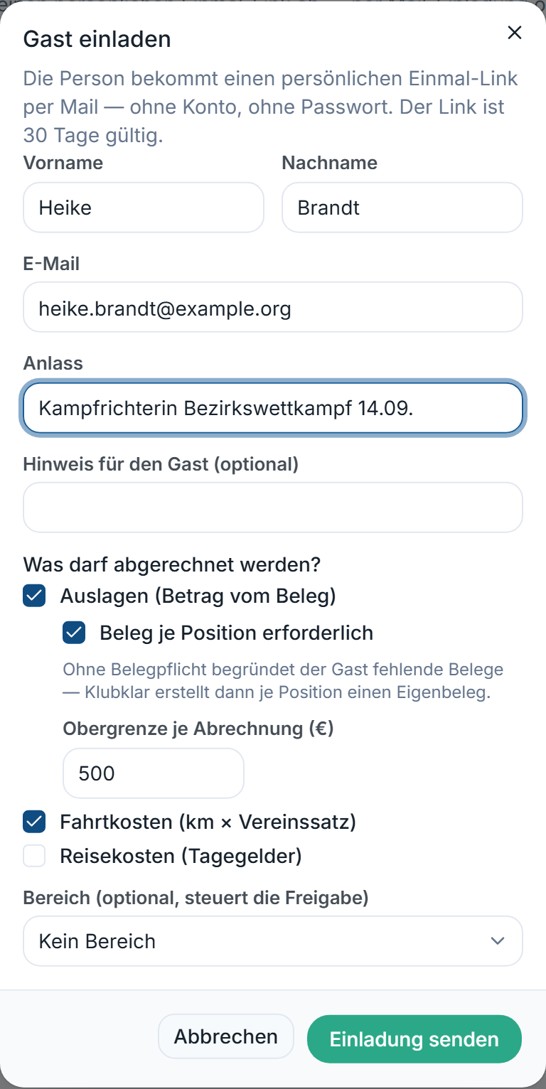 Der Dialog „Gast einladen“ mit Name, E-Mail, Anlass und Spesenarten