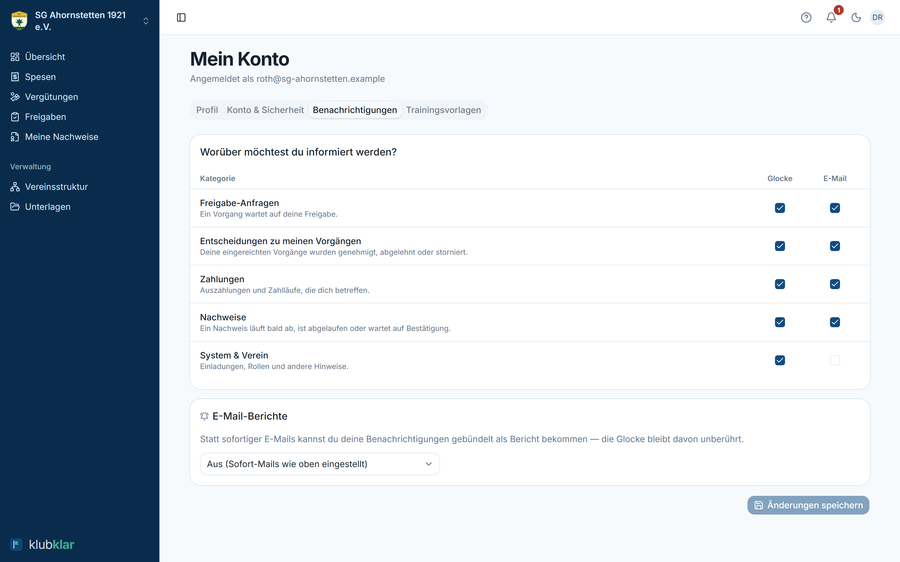 Mein Konto → Benachrichtigungen mit den Spalten „Glocke“ und „E-Mail“