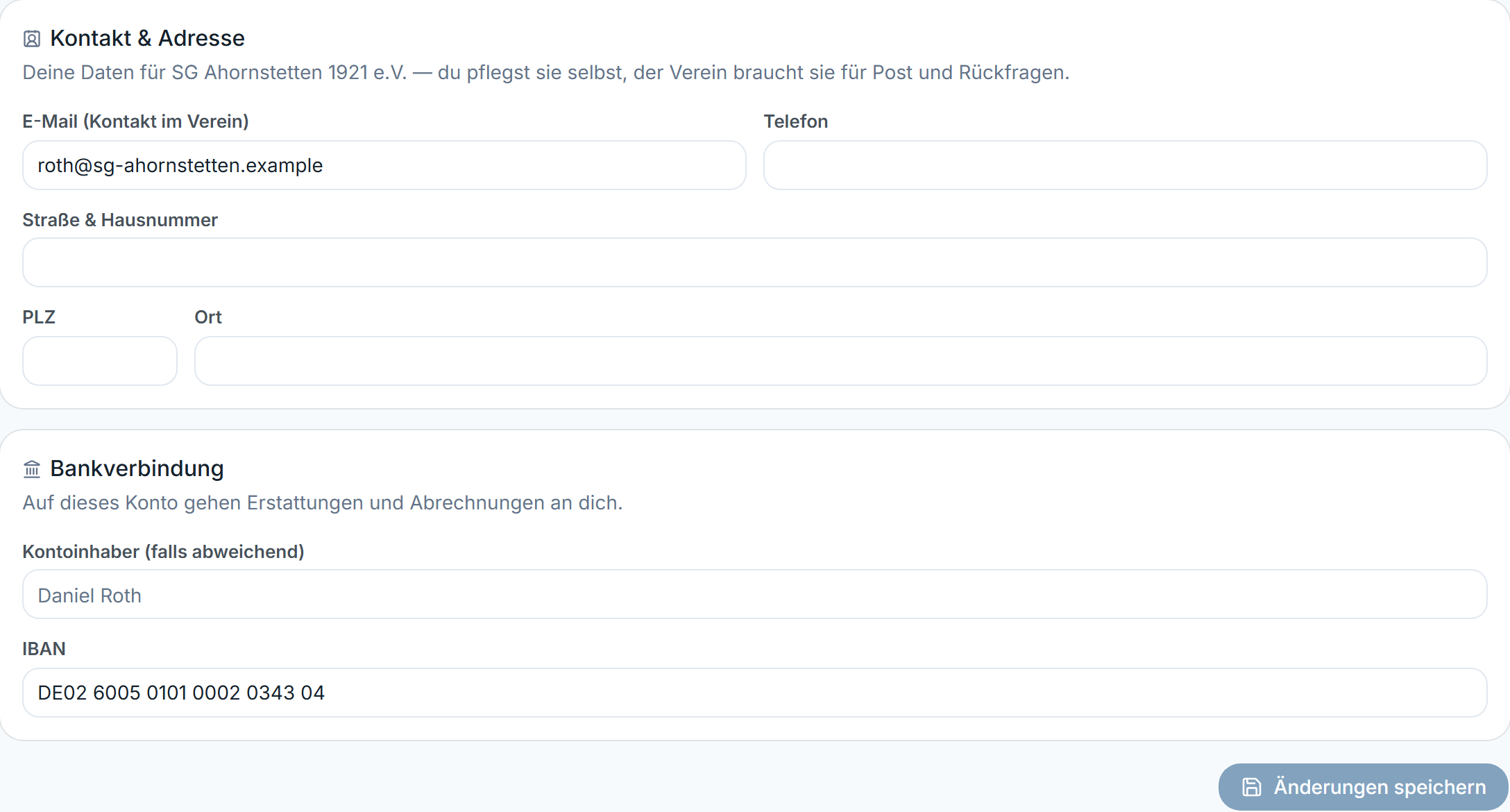 Mein Konto mit den Karten „Kontakt & Adresse“ und „Bankverbindung“