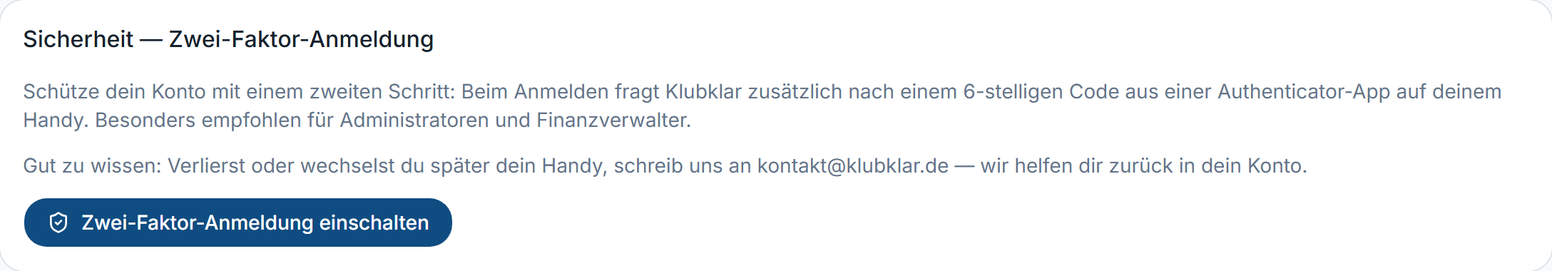 Karte „Sicherheit — Zwei-Faktor-Anmeldung“ mit dem Knopf „Zwei-Faktor-Anmeldung einschalten“