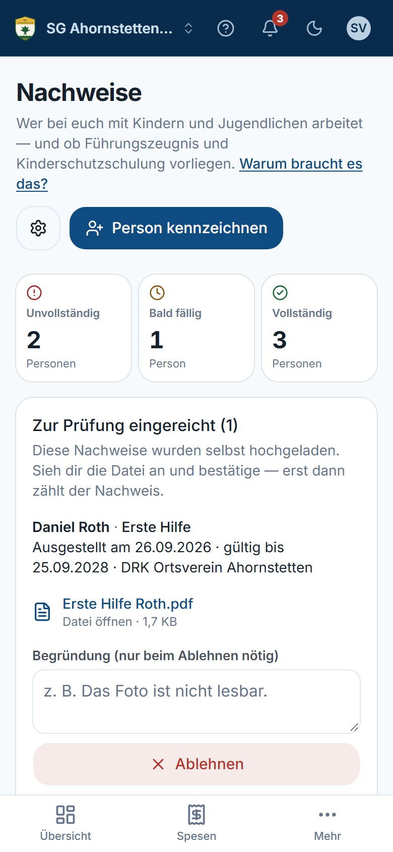 Die Seite „Nachweise“ auf dem Handy