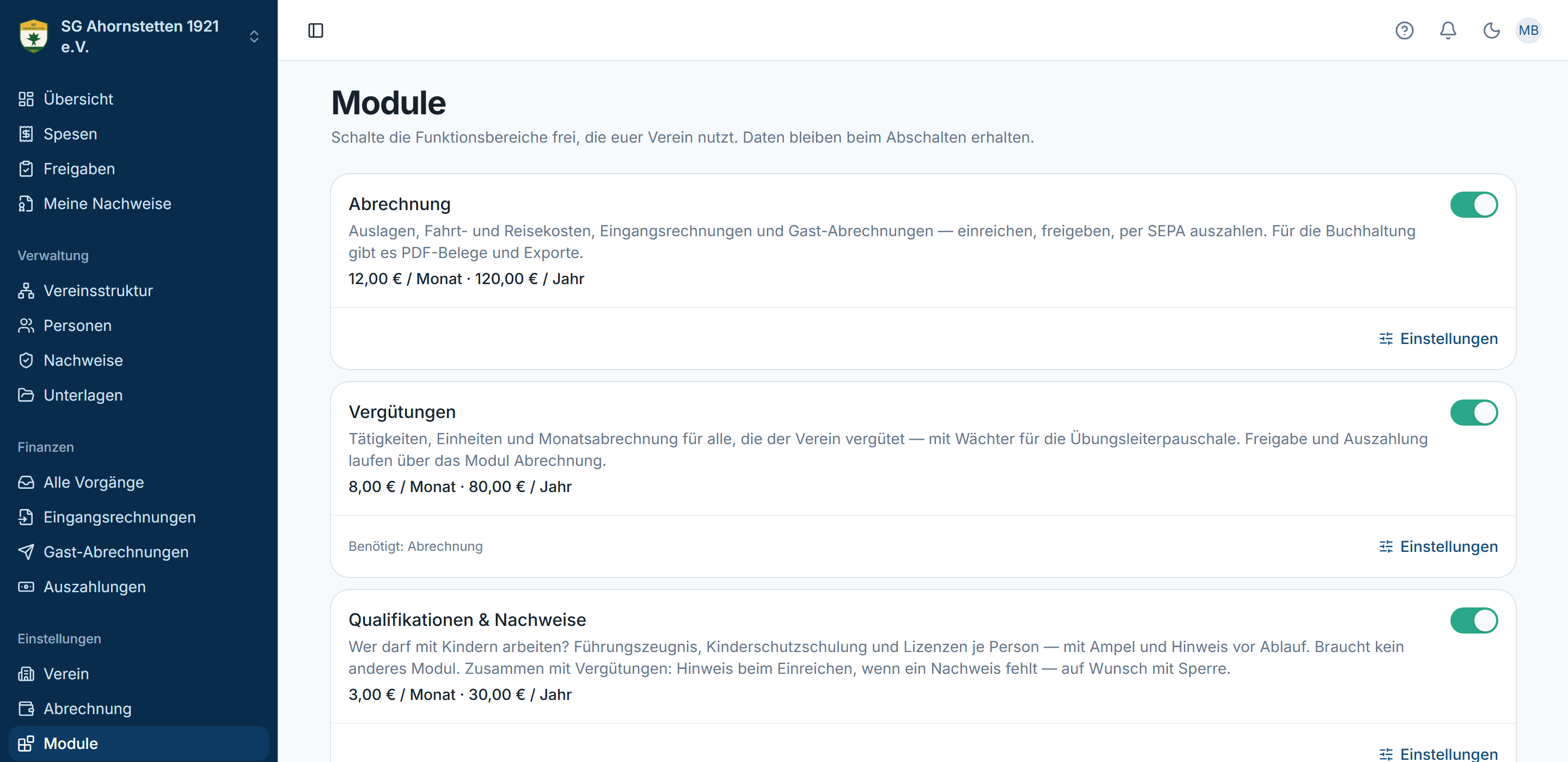 Module mit Schaltern und Preisen: Abrechnung, Vergütungen, Qualifikationen & Nachweise