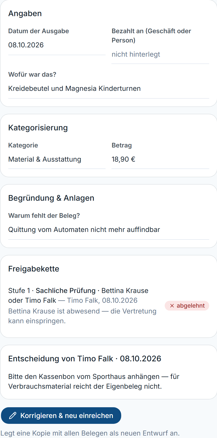Abgelehnter Vorgang mit Begründung und „Korrigieren & neu einreichen“