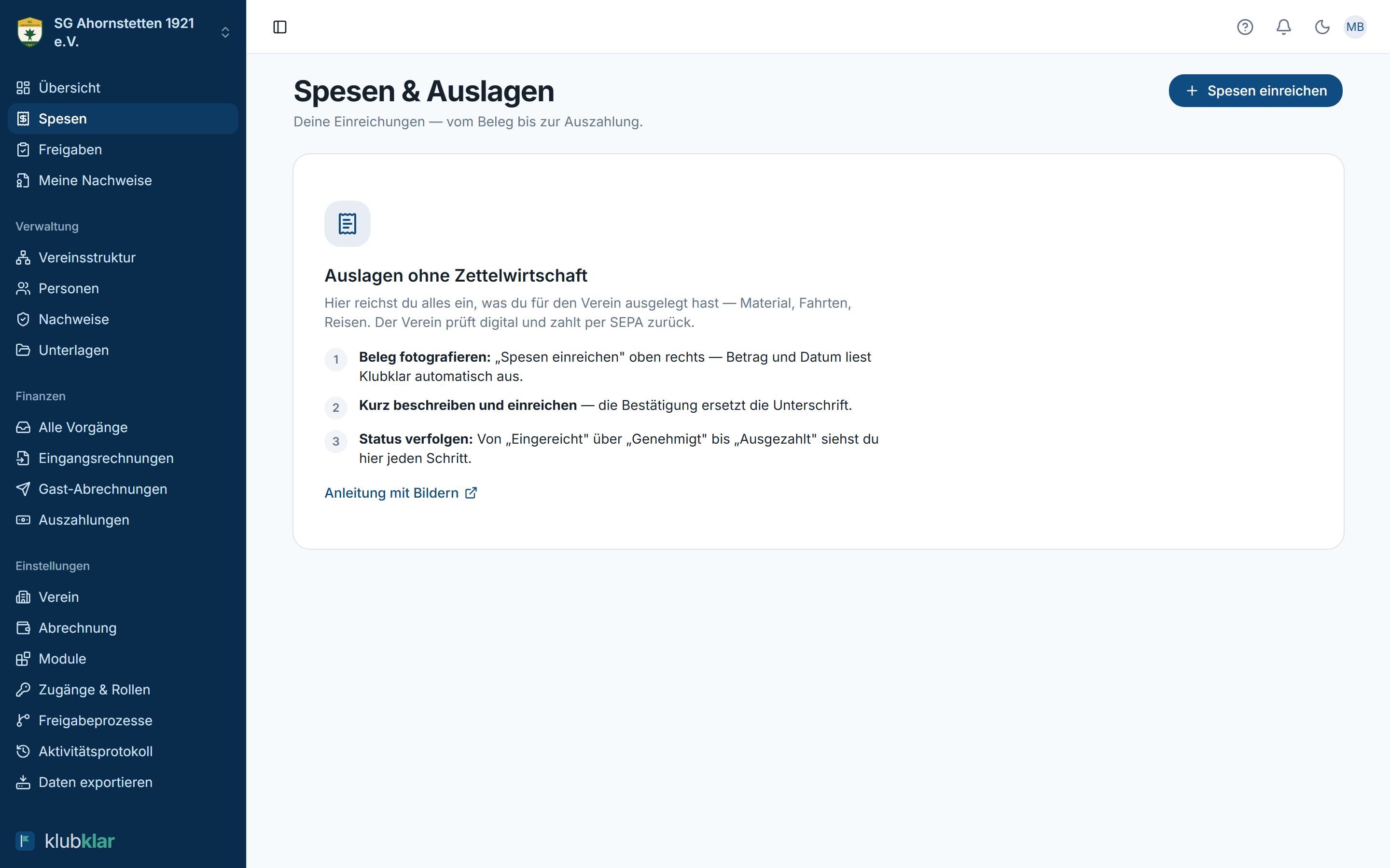 Spesen-Liste mit Status je Vorgang
