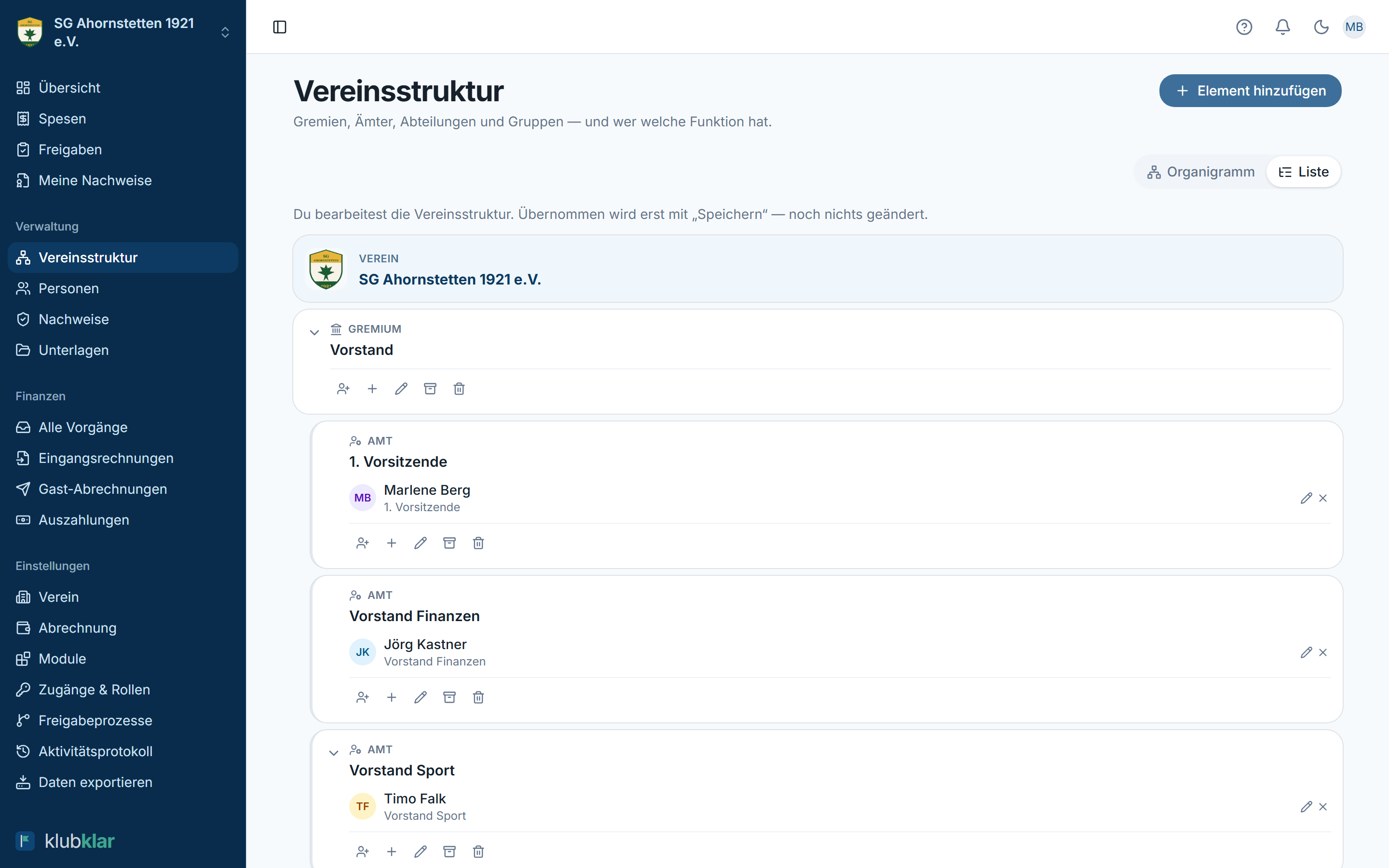 Vereinsstruktur im Bearbeiten-Modus