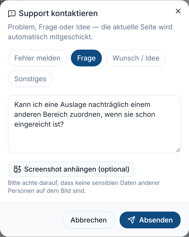 Dialog „Support kontaktieren“ mit Kategorie, Text und Screenshot-Upload