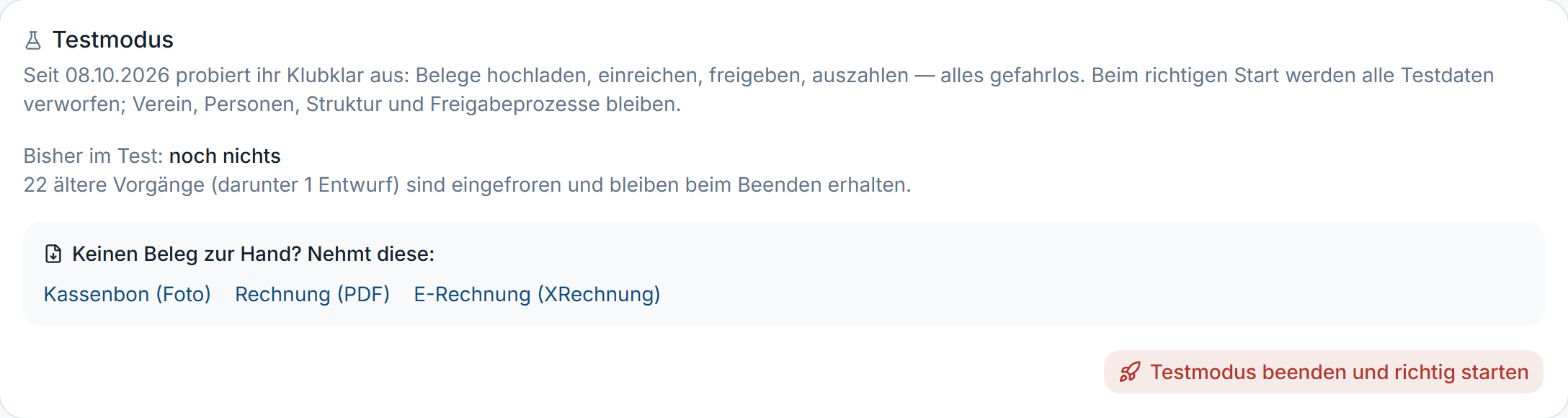 Karte „Testmodus“ im laufenden Testmodus mit „Testdaten leeren“ und „Testmodus beenden und richtig starten“