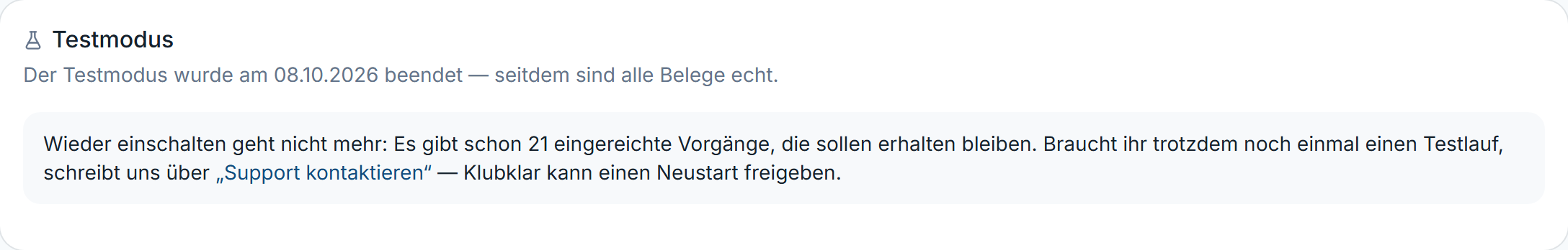 Karte „Testmodus“ nach dem Beenden mit dem Satz „Wieder einschalten geht nicht mehr“