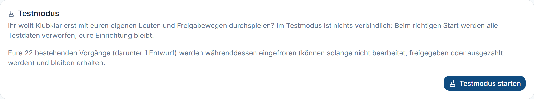 Karte „Testmodus“ unter Einstellungen → Verein mit „Testmodus starten“