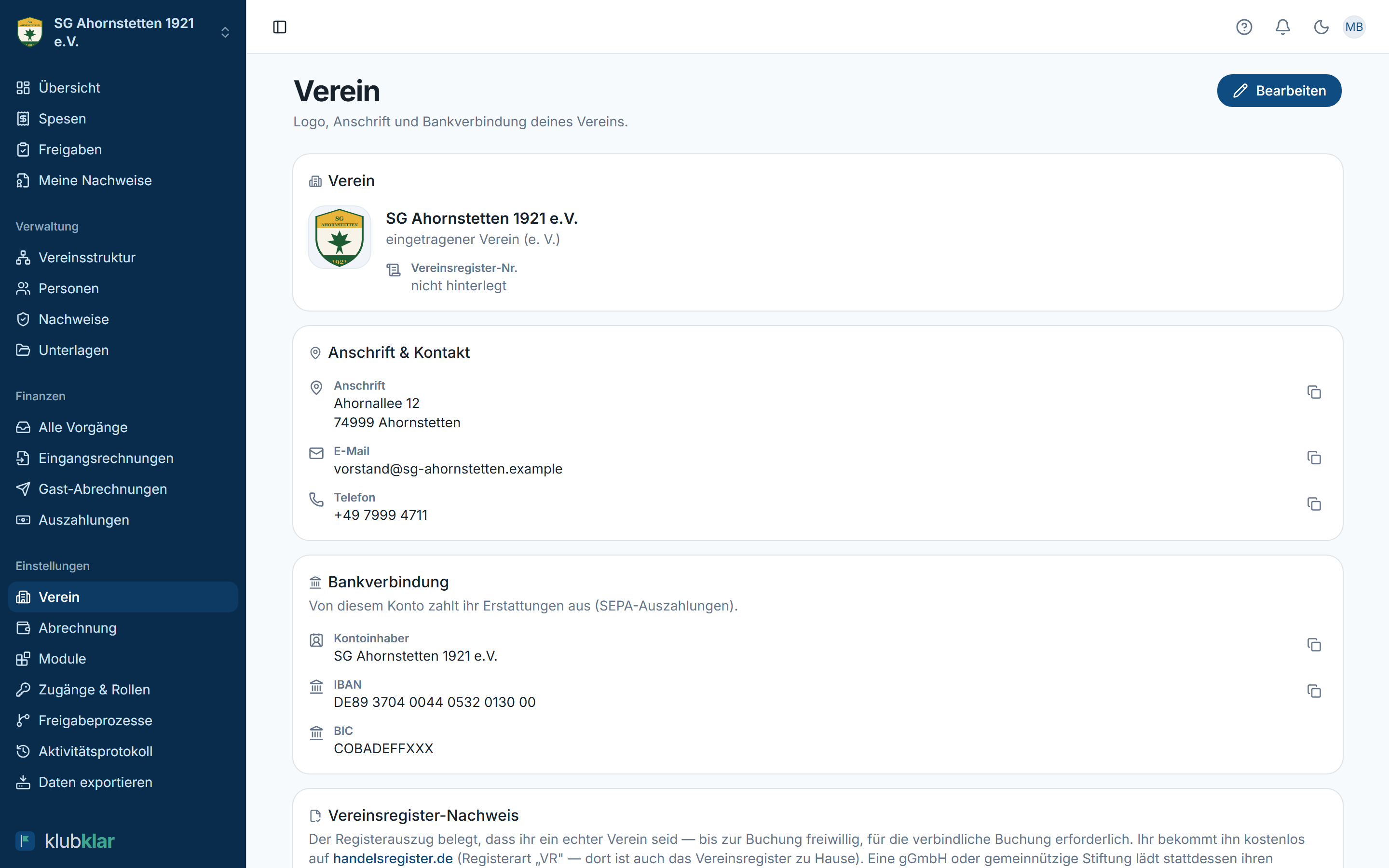Verein-Seite mit Vereinsregister-Nachweis
