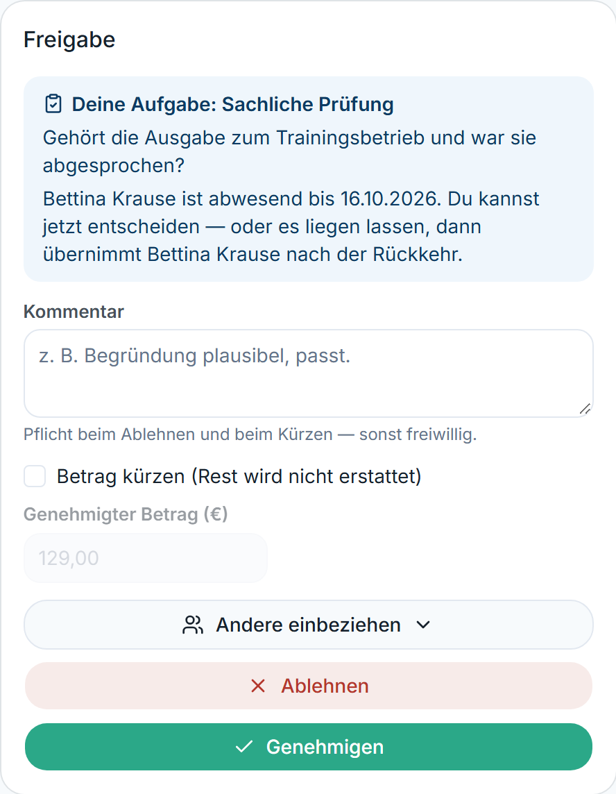 Freigabe-Karte mit Hinweis „Bettina Krause ist abwesend bis …“