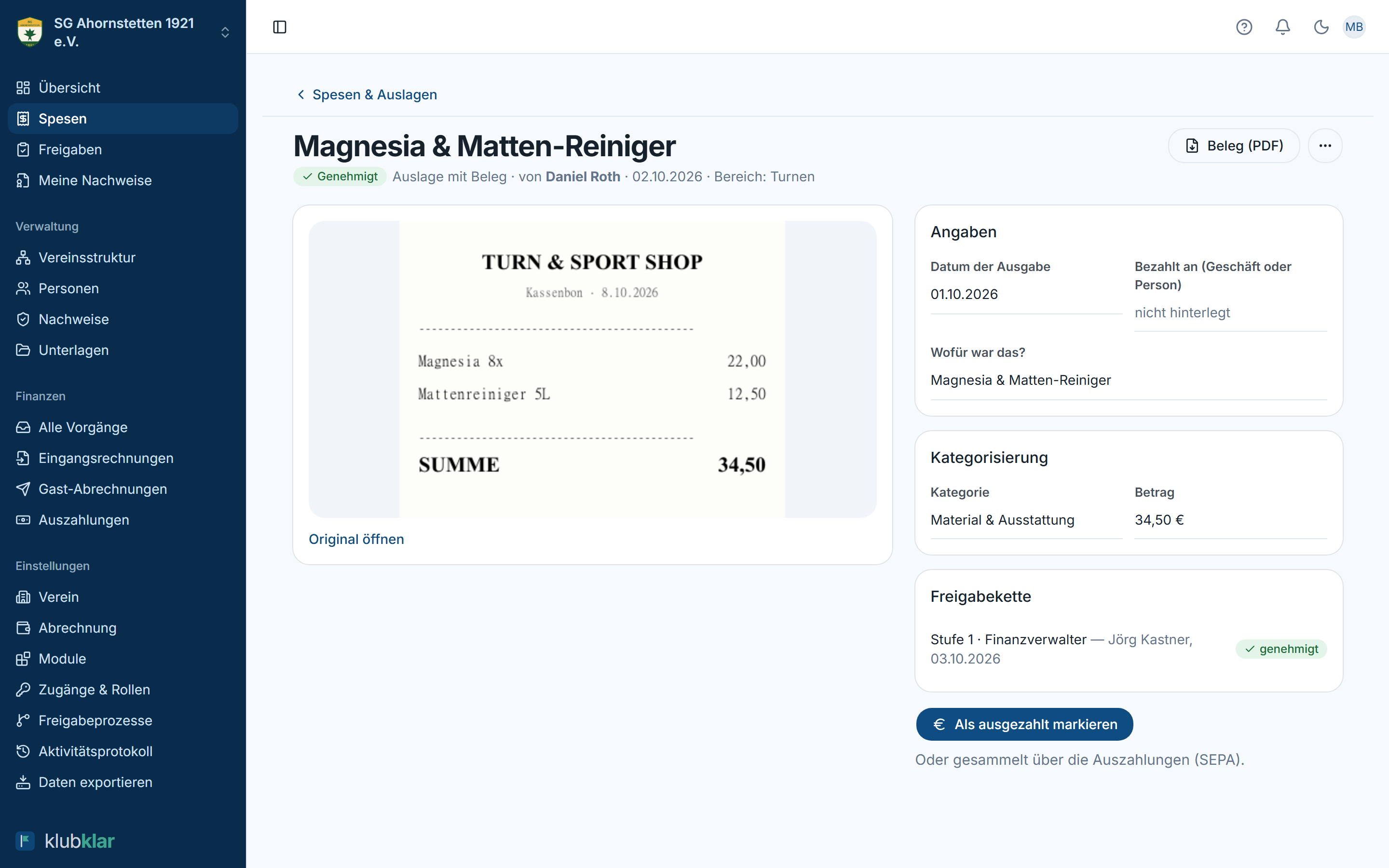 Vorgang mit Beleg und vollständiger Freigabekette