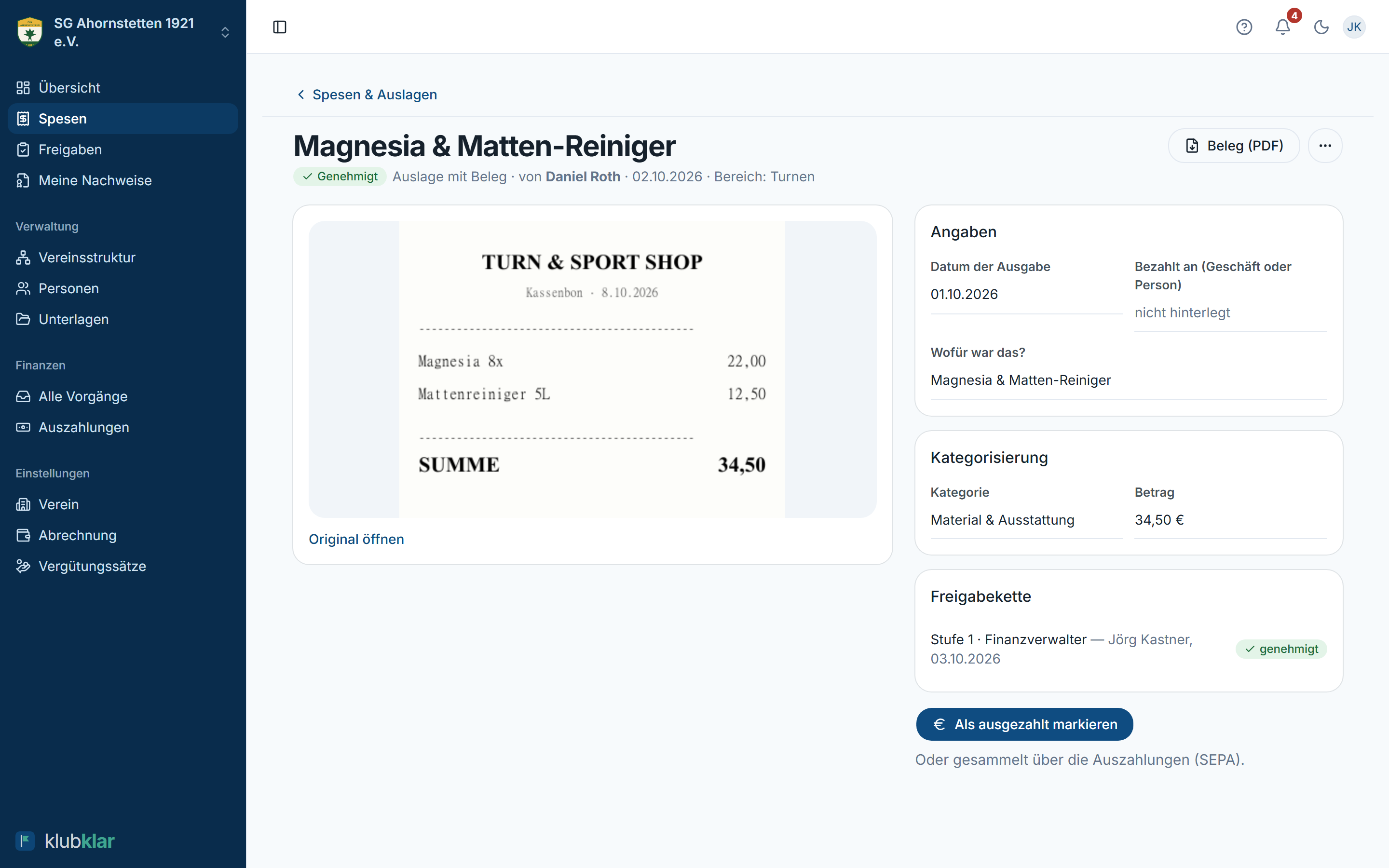 Genehmigter Vorgang mit „Beleg (PDF)“ im Seitenkopf