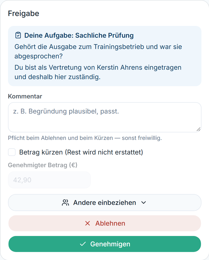 Freigabe-Karte mit Hinweis „Du bist als Vertretung von Kerstin Ahrens eingetragen“
