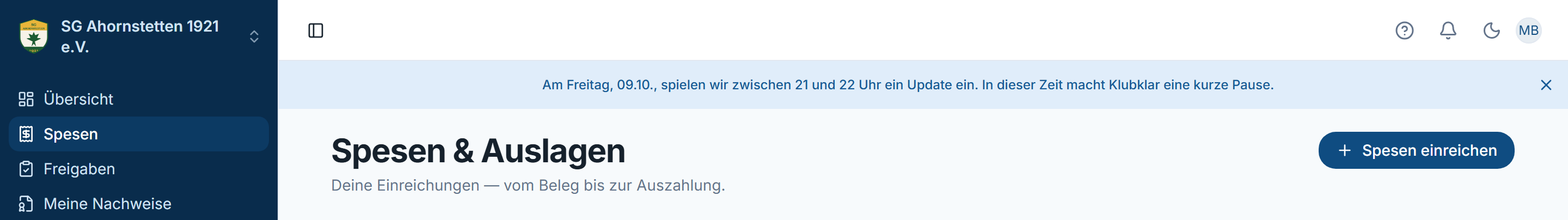 Hinweis oben in Klubklar mit Tag und Uhrzeit des Updates