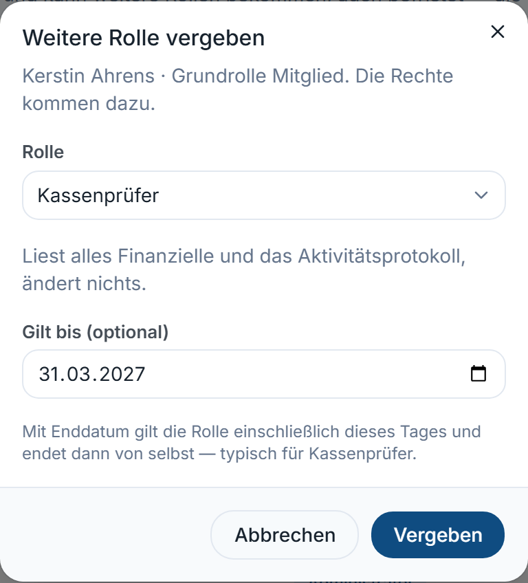 Dialog „Weitere Rolle vergeben“ mit Kassenprüfer und Enddatum