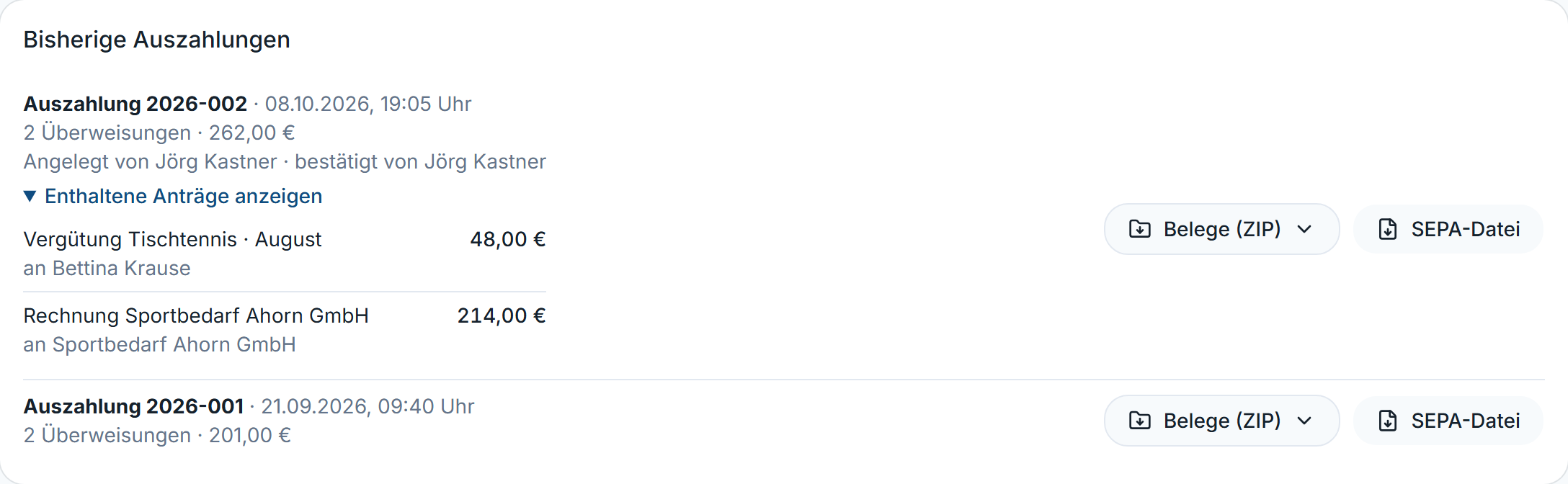 Abgeschlossene Auszahlung mit „Belege (ZIP)“